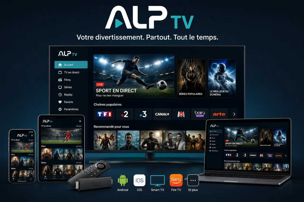 ALP IPTV affiché sur une TV, un ordinateur portable, une tablette et un smartphone avec l'interface ALP TV : sport en direct, séries et cinéma, et la compatibilité Android, iOS, Smart TV et Fire TV